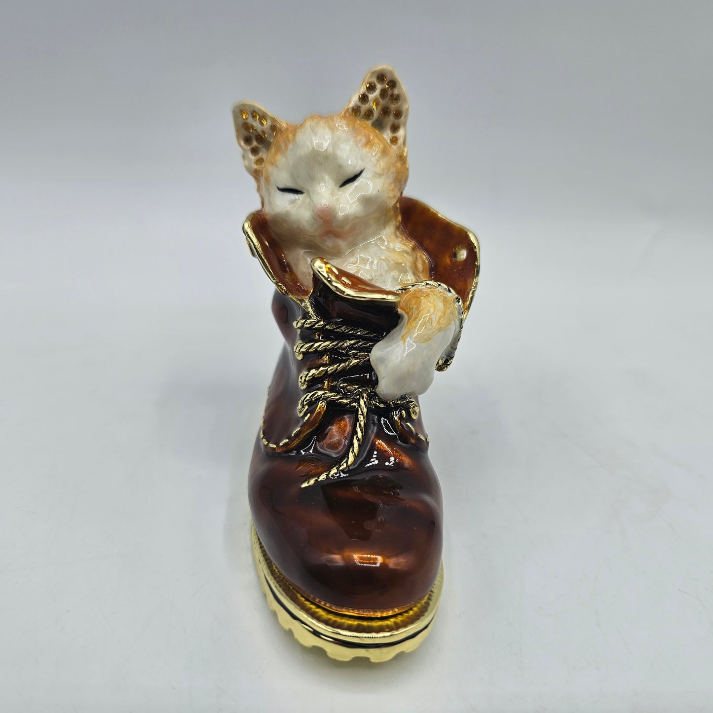 Sleepy Cat in Brown Boot Hinged Trinket Box by Keren Kopal, Limited Edition in Original Box