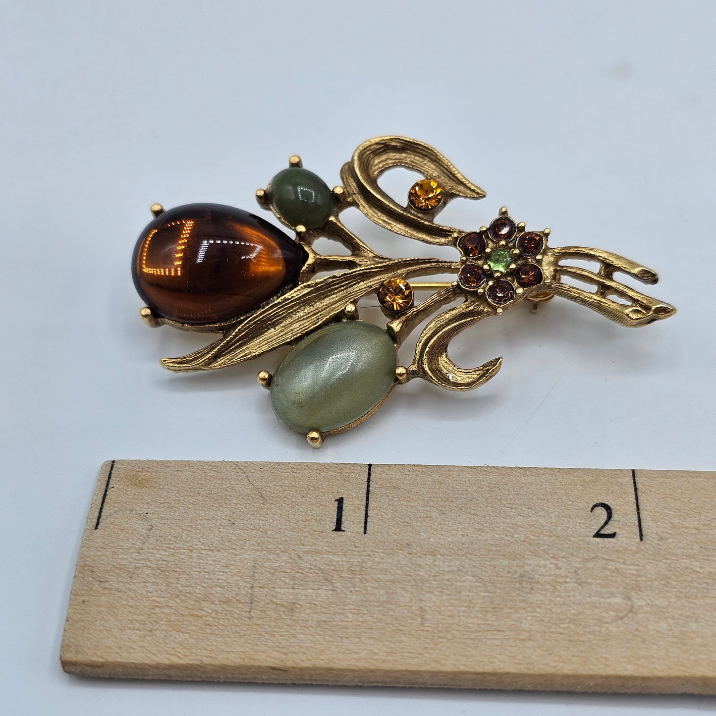Vintage Gold Tone Flower Bouquet Brooch with Amber Jade Glass Cabochons and Crystal Rhinestones - Pin Back