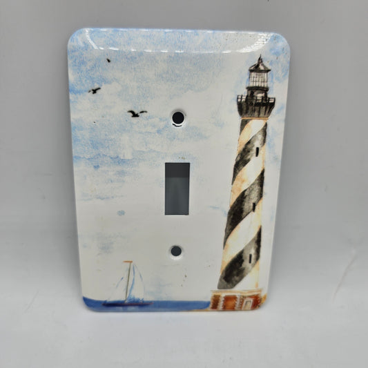 Lighthouse with Sailboat on Ocean Single Toggle Switch Light Switch Cover (metal)