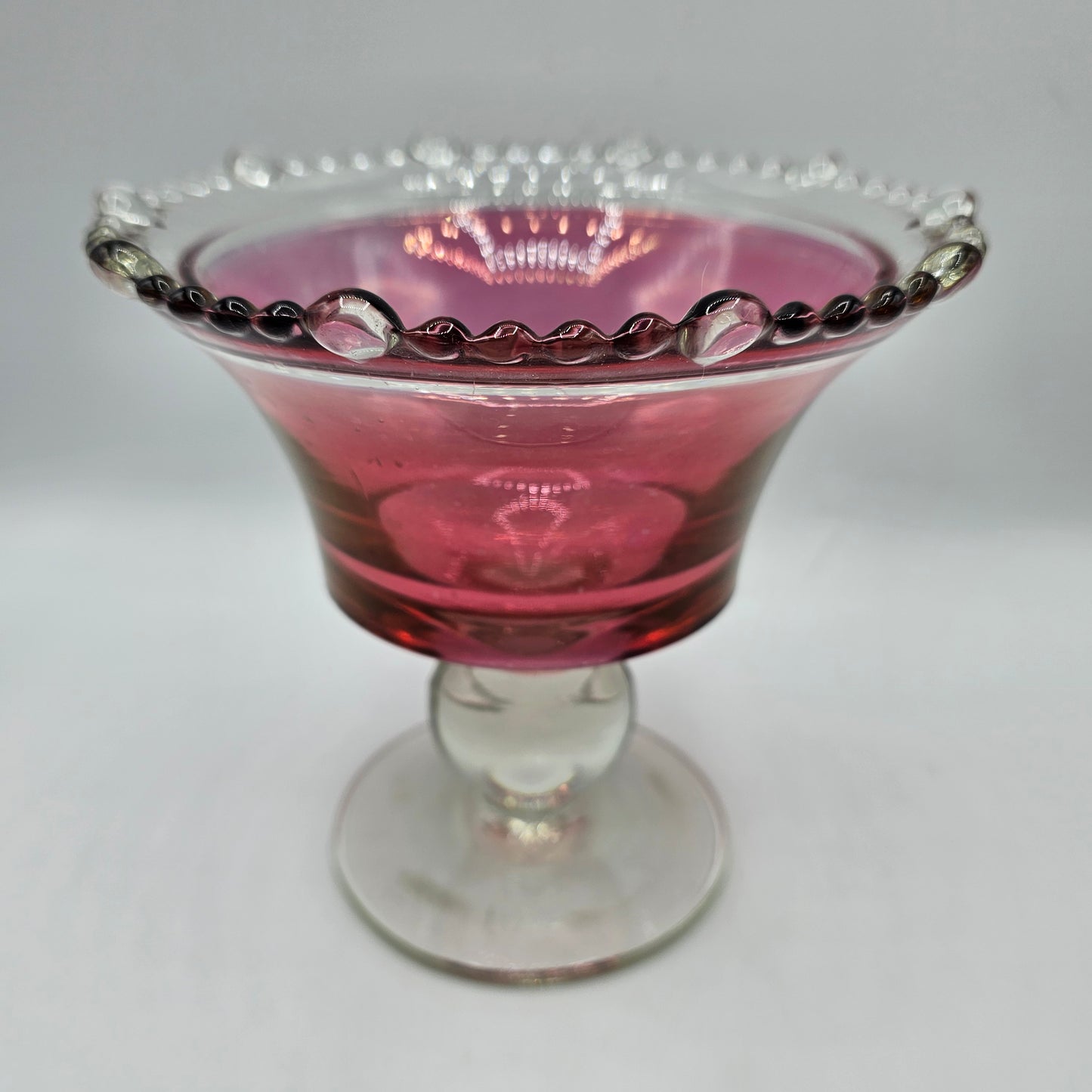 Vintage Cranberry Red Painted Glass Pedestal Candy Bowl with Beaded Rim (some wear to paint)