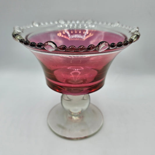 Vintage Cranberry Red Painted Glass Pedestal Candy Bowl with Beaded Rim (some wear to paint)