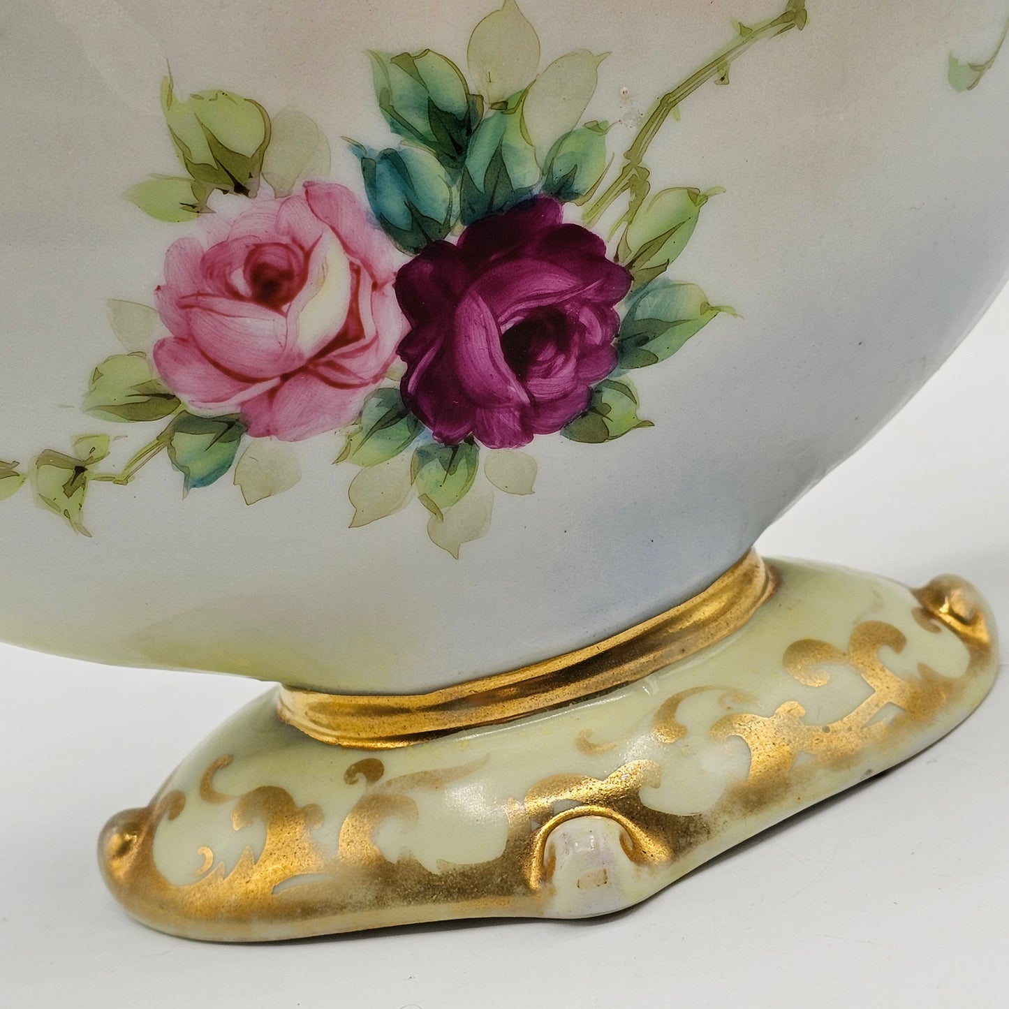 Antique Porcelain Basket Style Vase with Hand Painted Roses