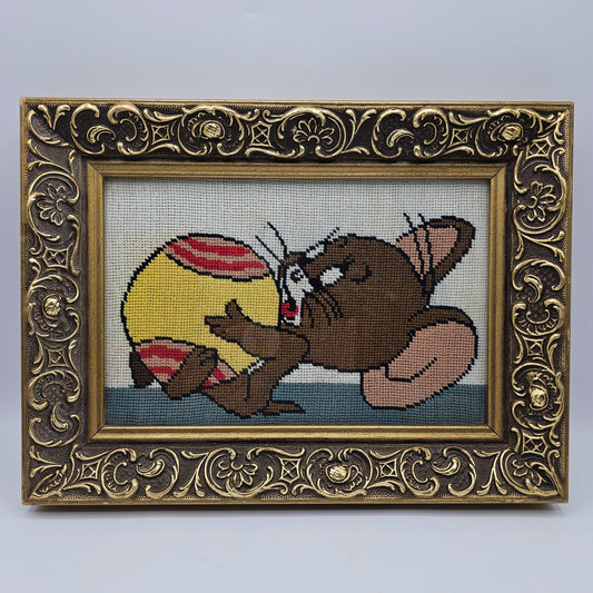 Vintage Framed Cartoon Jerry Mouse (Tom and Jerry) Needlepoint Stitchery