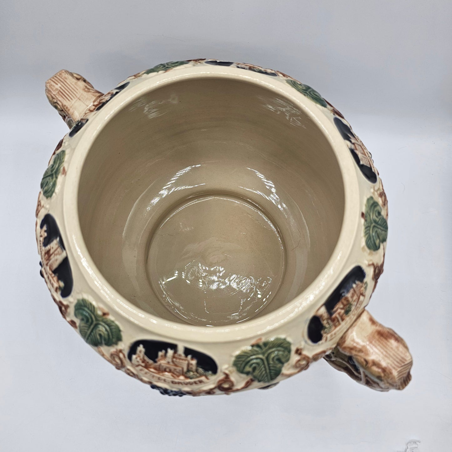 Vintage Gerz Gerzit German Rumtopf Stoneware Punch Bowl / Planter with Relief Rhine Castles