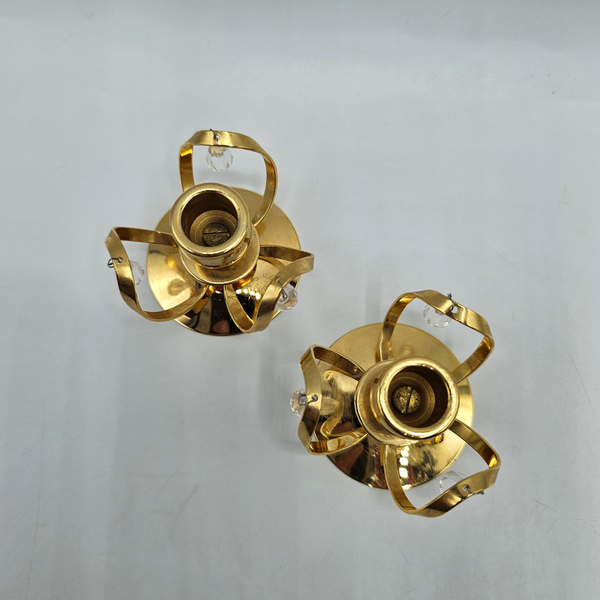 Vintage 24k Gold Plated Mini Taper Candlesticks with Hanging Strass Crystal Drops by Lycenta of Sweden