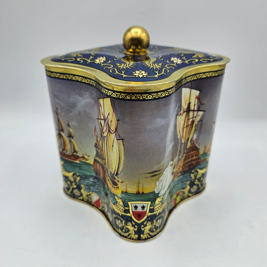 Vintage Christopher Columbus Decorative Metal Tea Caddy Tin Canister