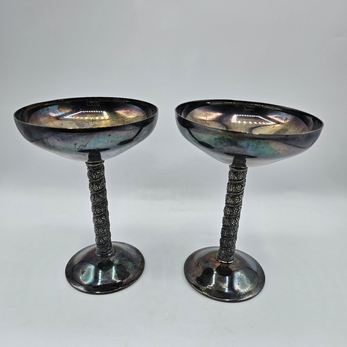Vintage Silver Plated Champagne Goblets with Detailed Twisted Stem by Alara Sevilla of Madrd, Spain - Dated 1974