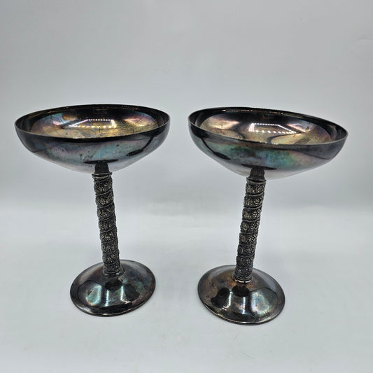 Vintage Silver Plated Champagne Goblets with Detailed Twisted Stem by Alara Sevilla of Madrd, Spain - Dated 1974