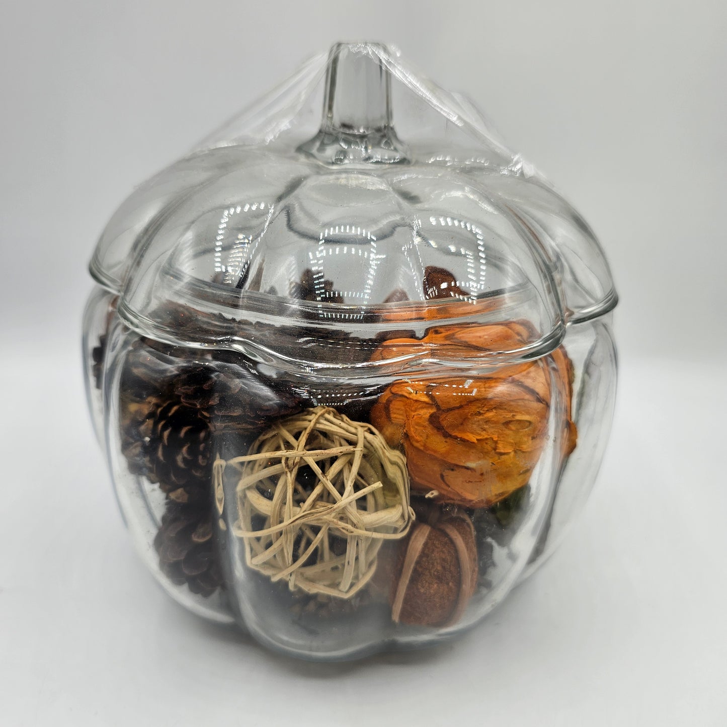 Glass Pumpkin Cookie Jar with Pinecones and Fall Filler