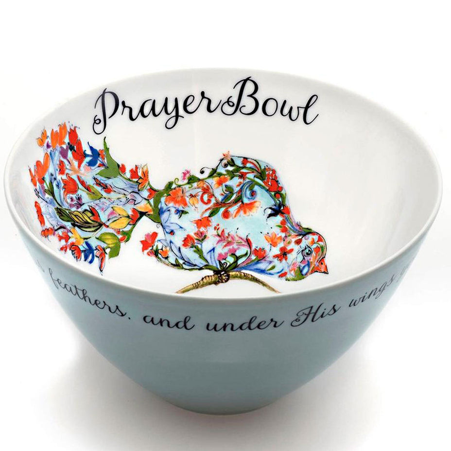 The Josephine Prayer Bowl Hand-Painted Porcelain with Floral Bird. Christian Gift features Psalm 91:4