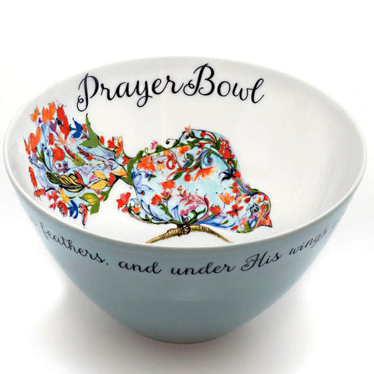 The Josephine Prayer Bowl Hand-Painted Porcelain with Floral Bird. Christian Gift features Psalm 91:4