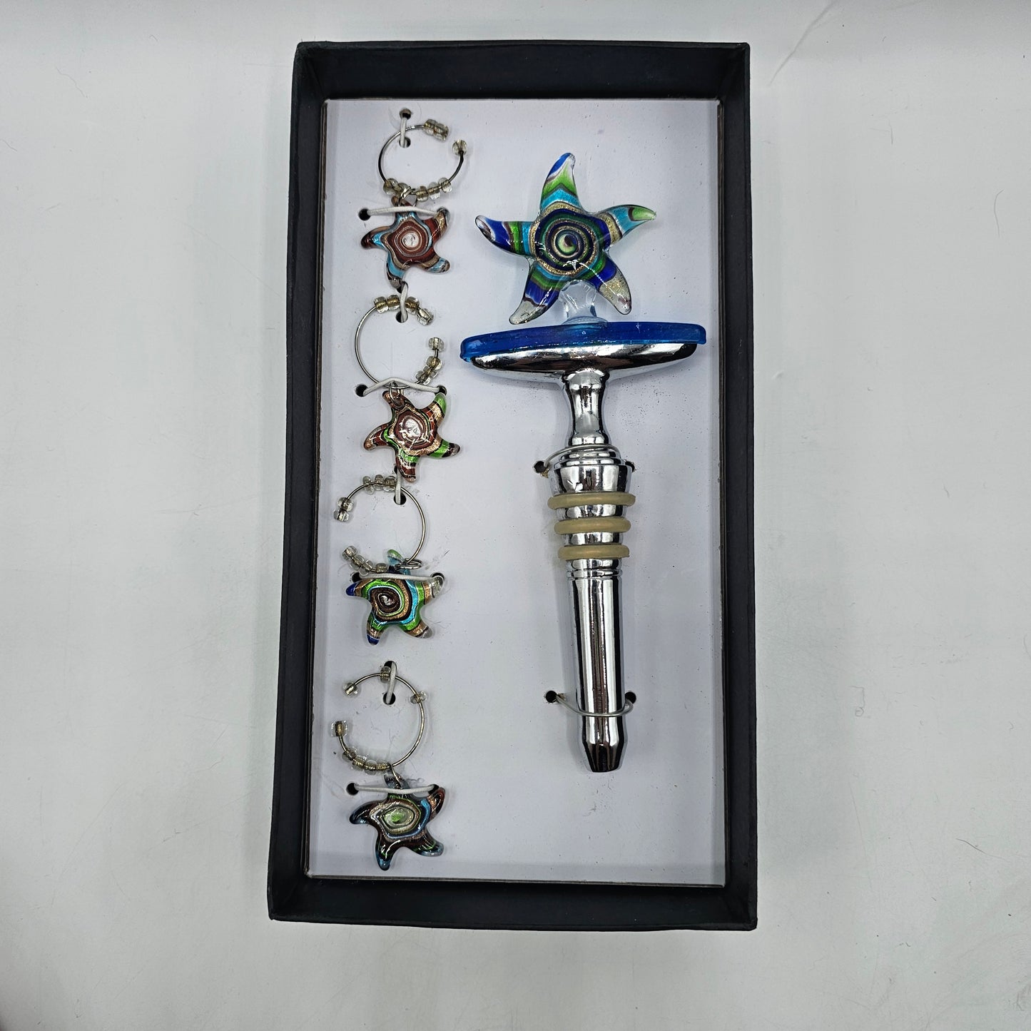 Art Glass Sea Star / Starfish Wine Bottle Stopper and Wine Glass Charms