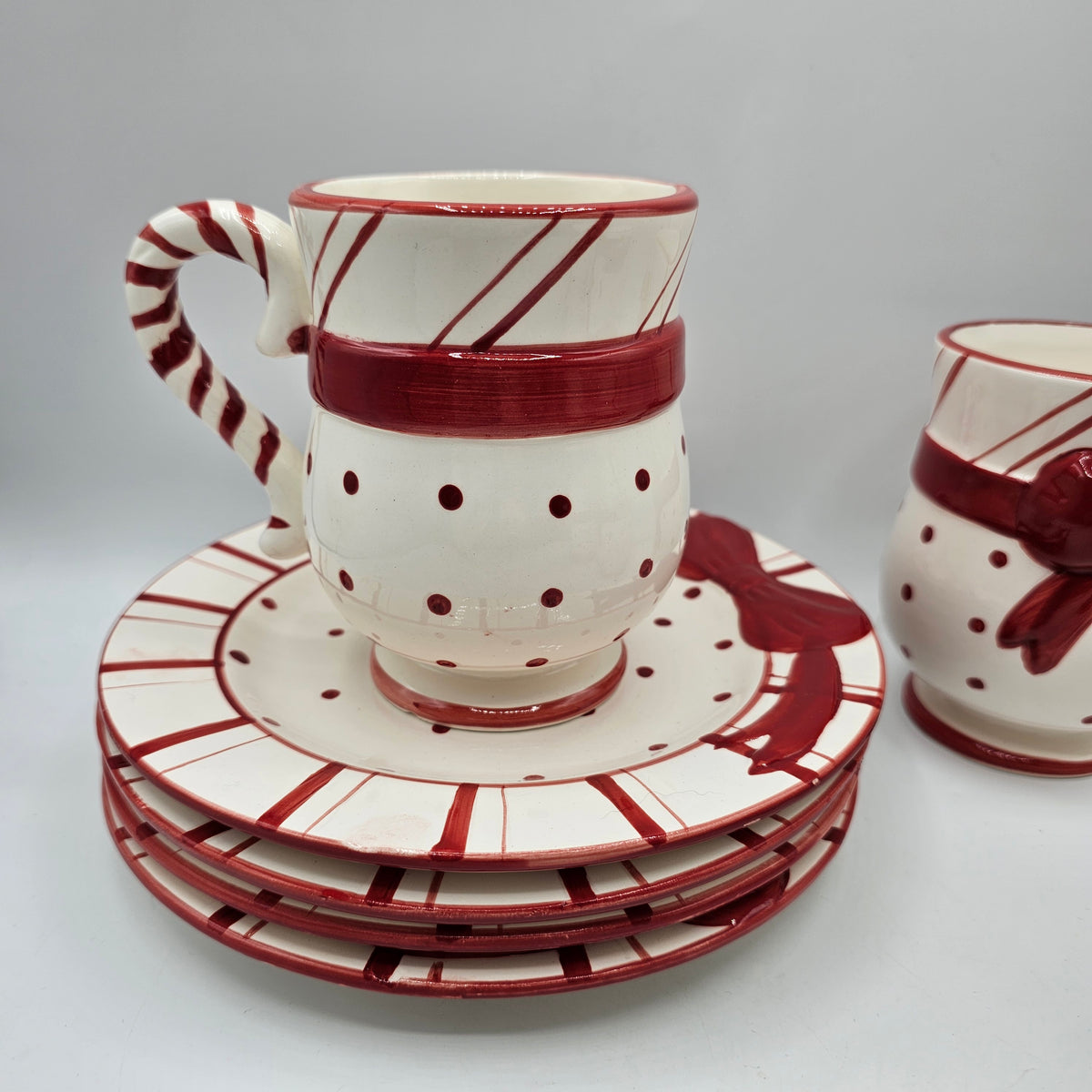 Polka Dot and Bow Christmas Candy Cane Stripe Ceramic Mug and Plate - Set of 4