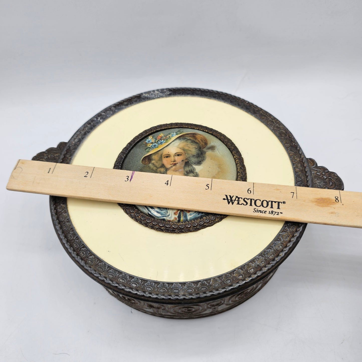 Antique Victorian Vanity Dresser Lidded Footed Metal Box with Celluloid Top and Divided Glass Insert - damage noted