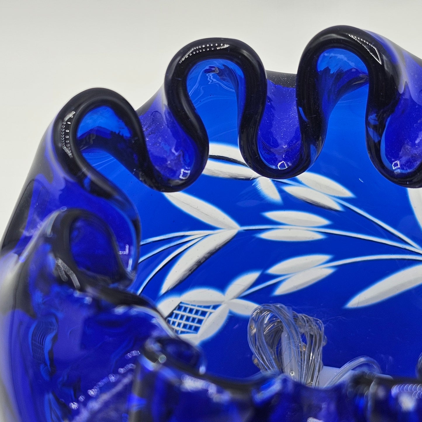 Bohemian Cobalt Blue Hand Cut-to-Clear Glass Rose Bowl with Ruffled Top Rim