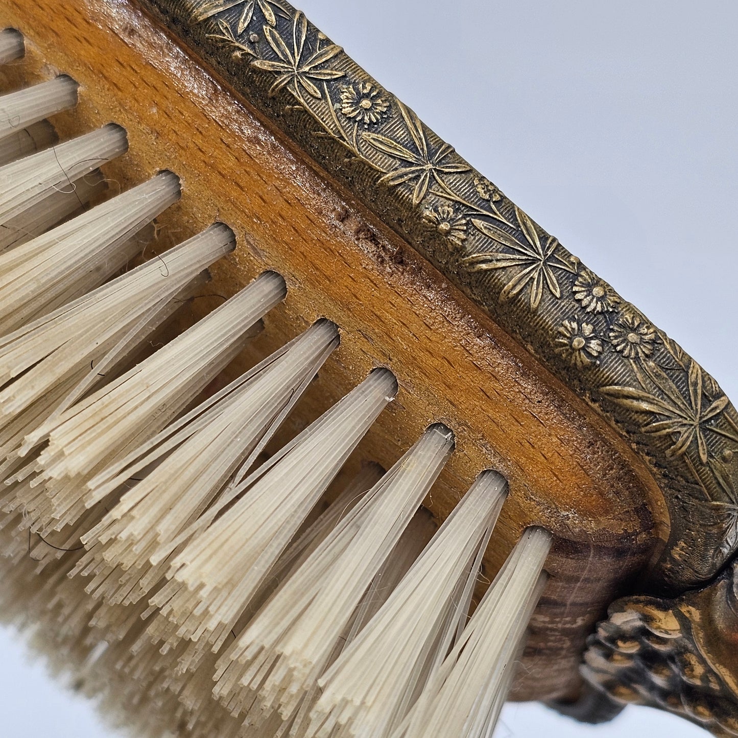 Vintage Petit Point Embroidery 3 Piece Vanity Dresser Set - Hairbrush, Clothes Brush and Beveled Hand Mirror; Wood with Brass