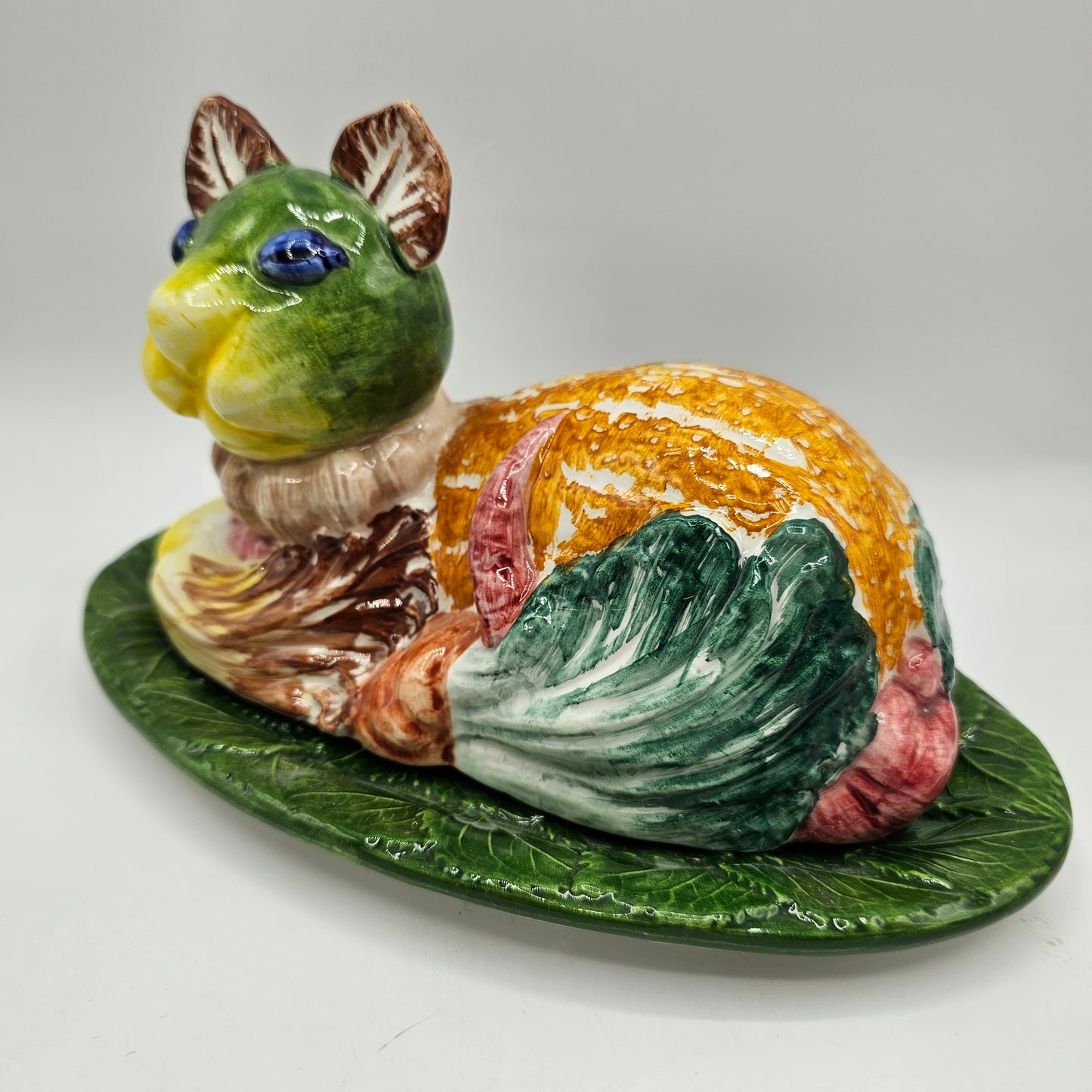 Rare Vintage Porcelain Vegetable Cat Butter Dish by Horchow of Italy