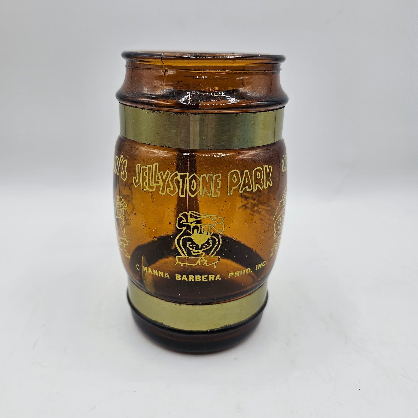 Yogi Bear Jellystone Park Amber Glass Mug - Siesta Ware Style Mug with Brass Bands and Wooden Handle