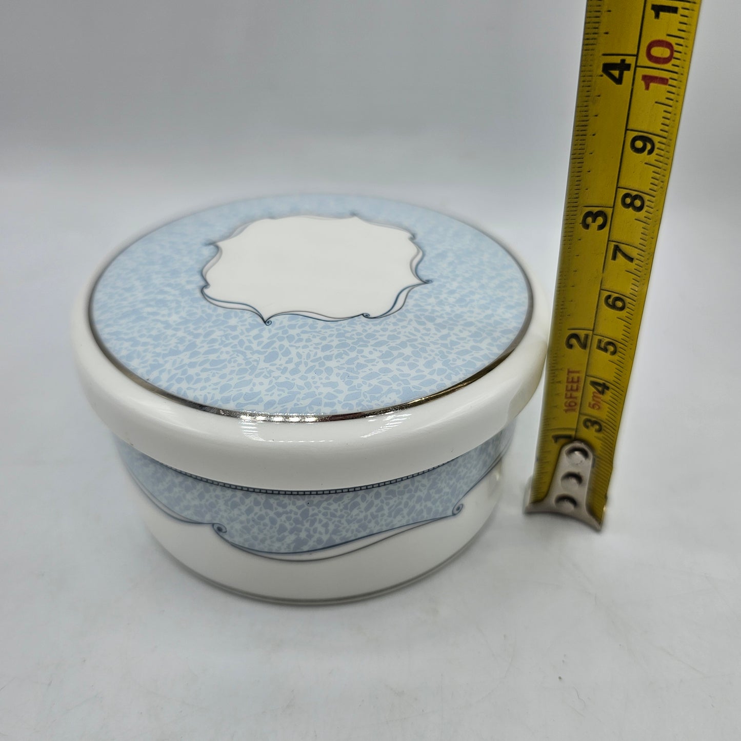 Wedgewood Venice Bone China Round Trinket Box in Pale Blue with Silver Scrolls