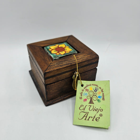 Small Wooden Hinged Lidded Trinket Box with Inlaid Ceramic Flower Tile