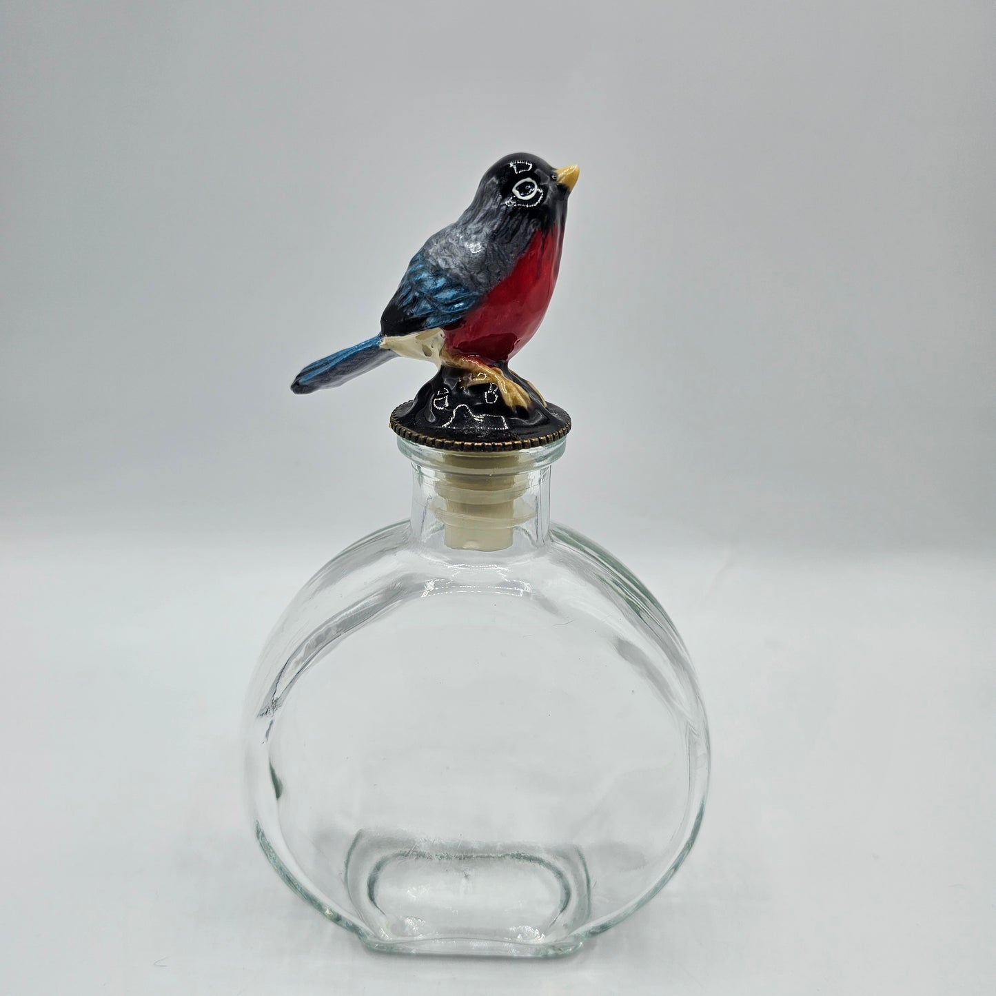 Glass Bottle with Hand Painted Ceramic Bird Stopper