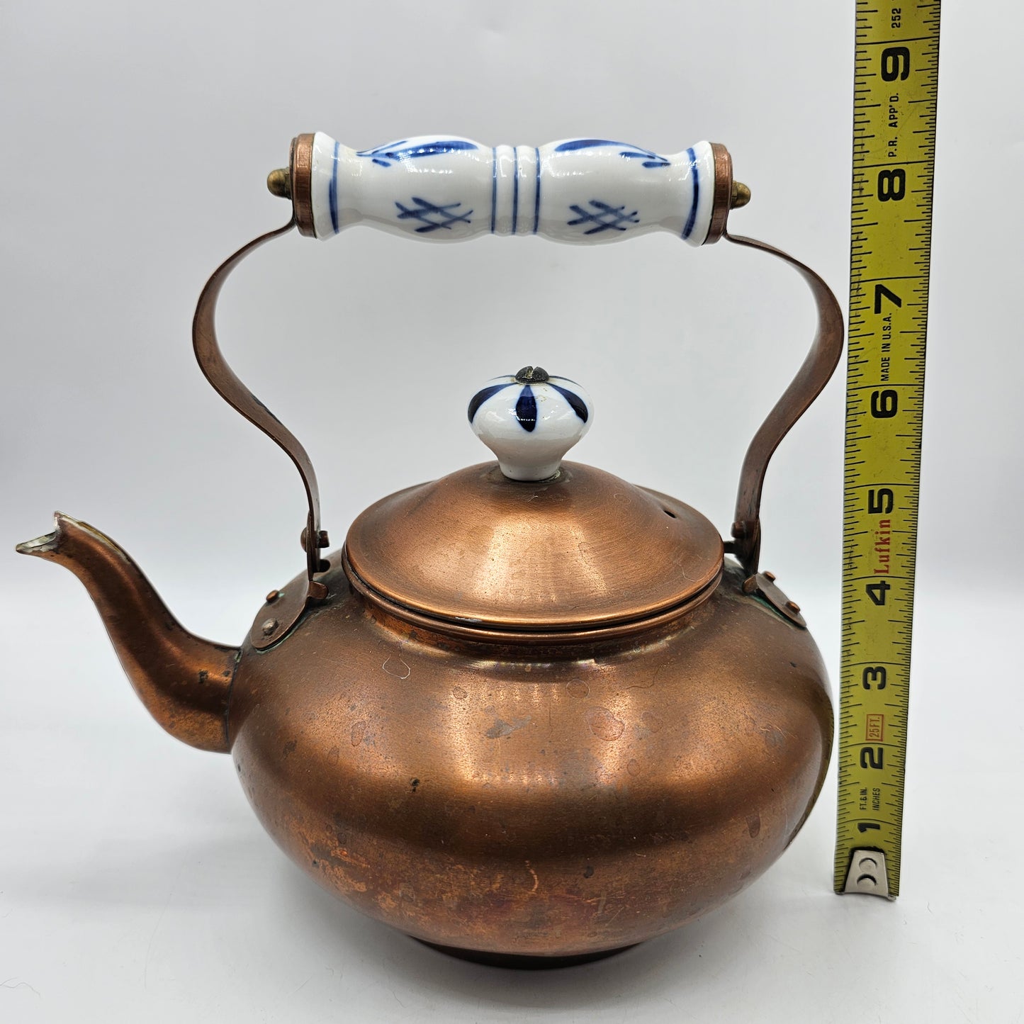 Vintage Copper Tea Kettle with Delft Blue Porcelain Handles