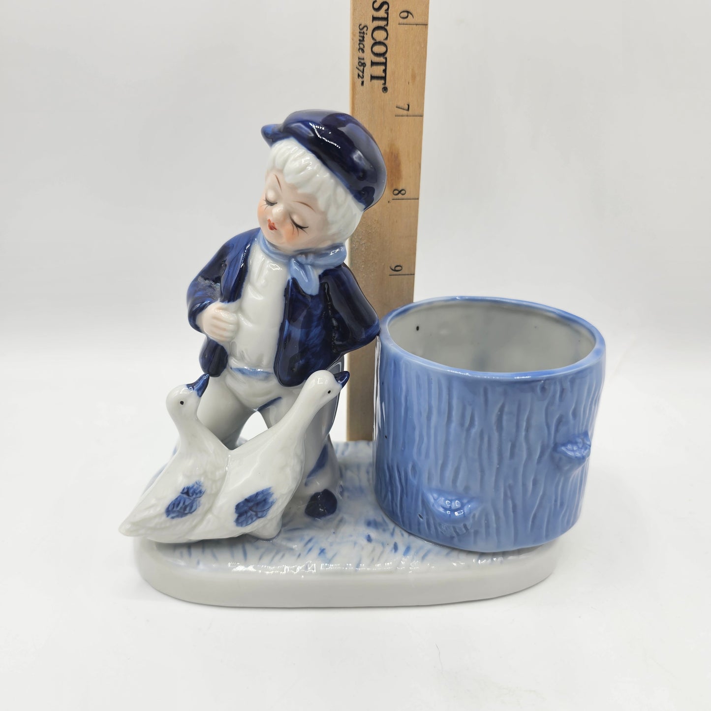 Delft Blue Style Boy Feeding Geese Porcelain Figurine