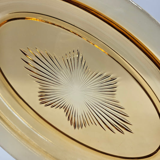 Heisey Touraine Oval Amber Glass Serving Tray with Starburst Design