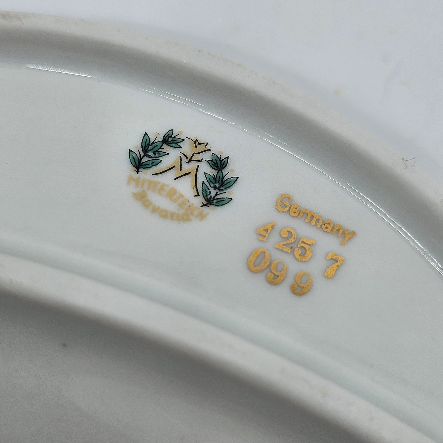 Vintage Mitterteich Bavaria Germany Crescent Fish Bone Dish with Gold Rim and Pink Dogwood Design