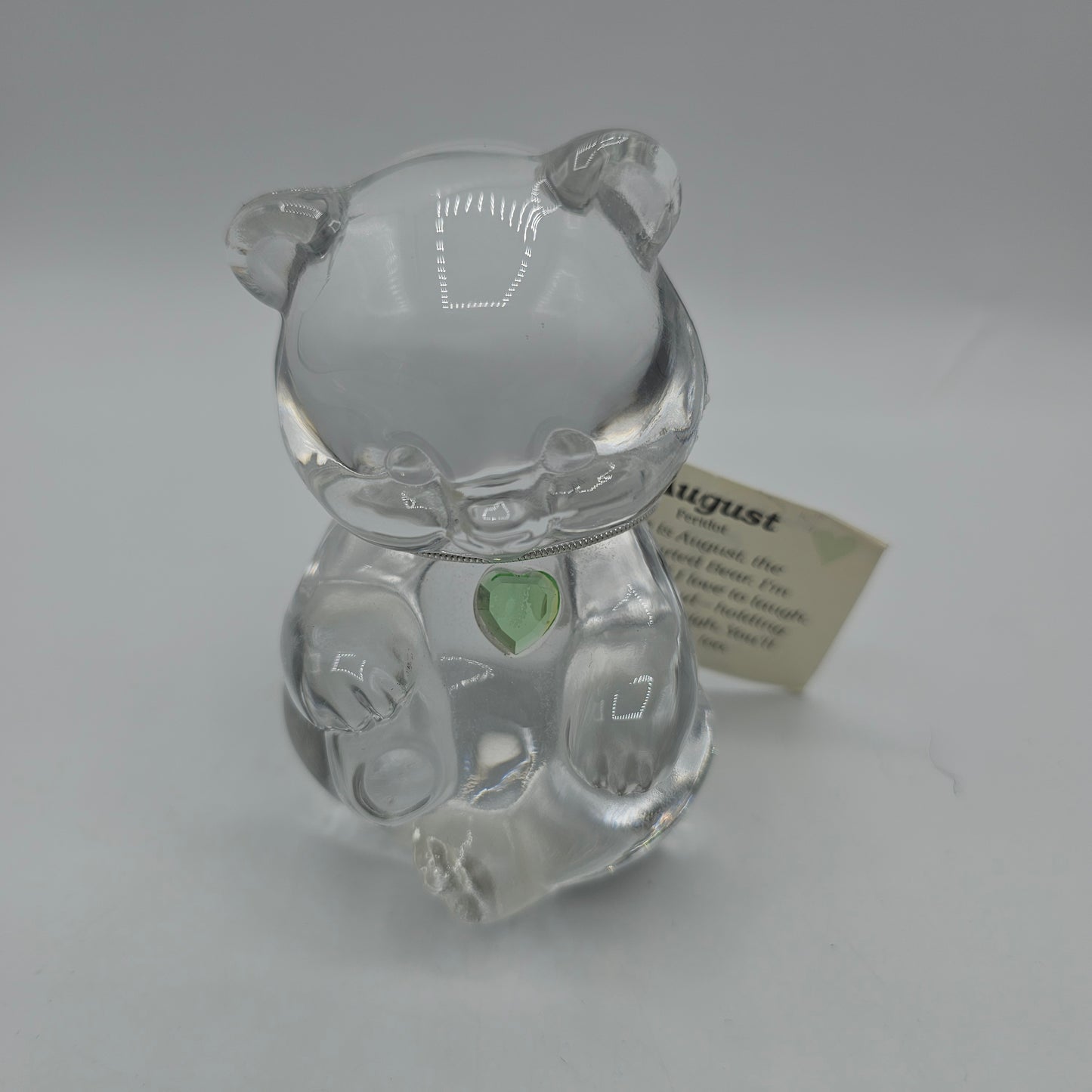 Fenton Clear Crystal Birthday Bear with Peridot Birthstone Heart - August