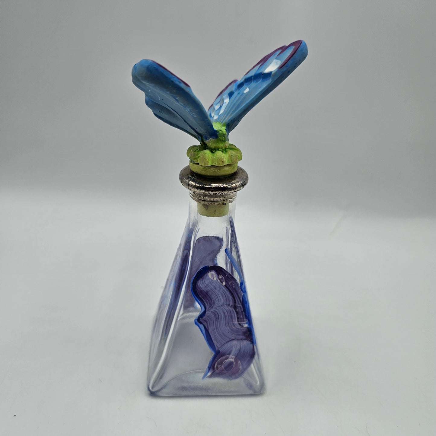 Hand Painted Glass Bottle with Figural Butterfly Stopper