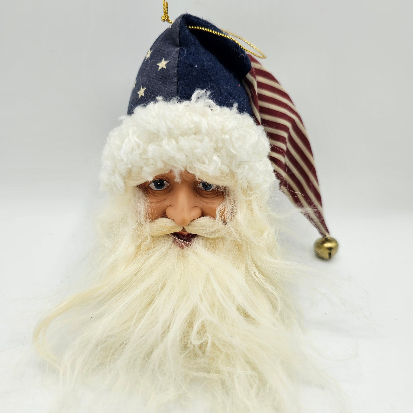 Patriotic Santa Head Christmas Tree Ornament with Flag Hat and Jingle Bell