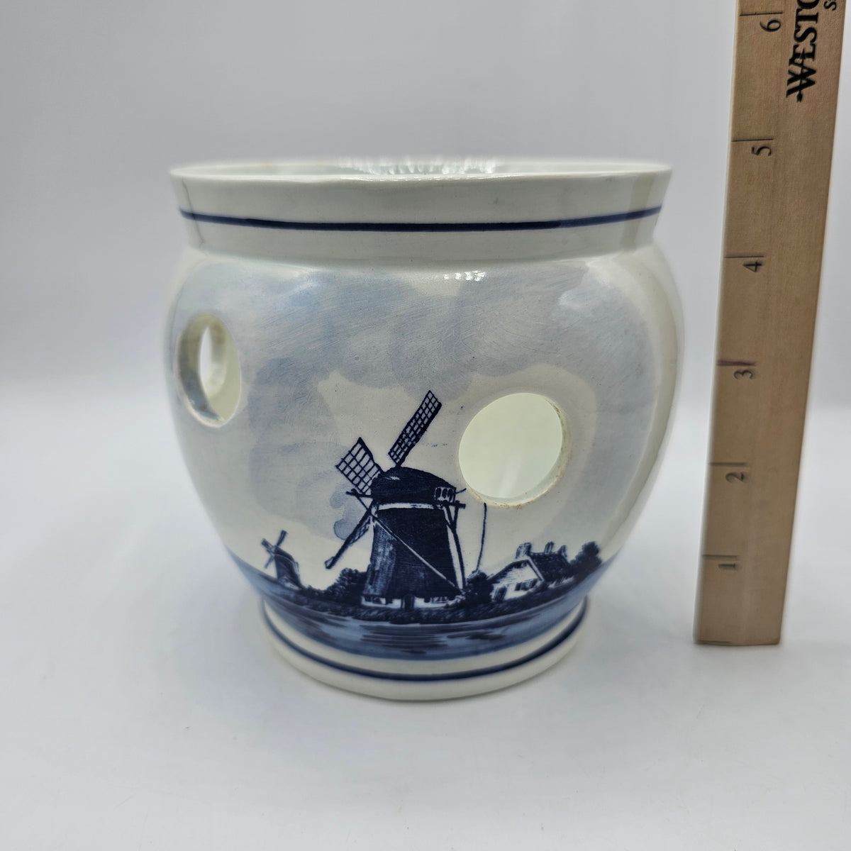 Vintage Delft Blue Tulip Bulb Pot with Windmill - Signed Made in Holland (damage noted)
