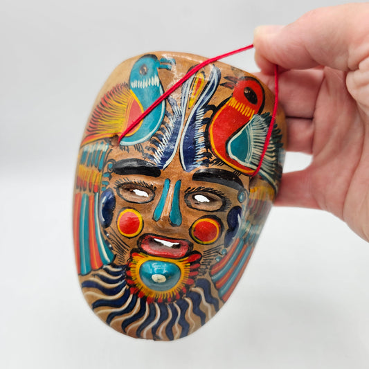 Talavera Hand Painted Mexican Pottery Folk Art Mask with Birds and Wall Hanger (small chip)