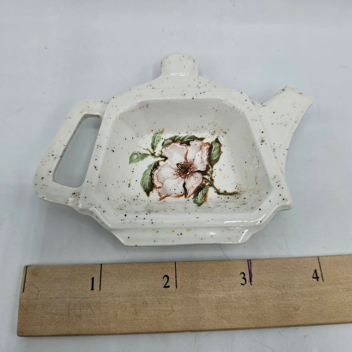Ceramic Teapot Shaped Spoon Rest / Tea Bag Holder with Transferware Dogwood Flower - Speckled Finish