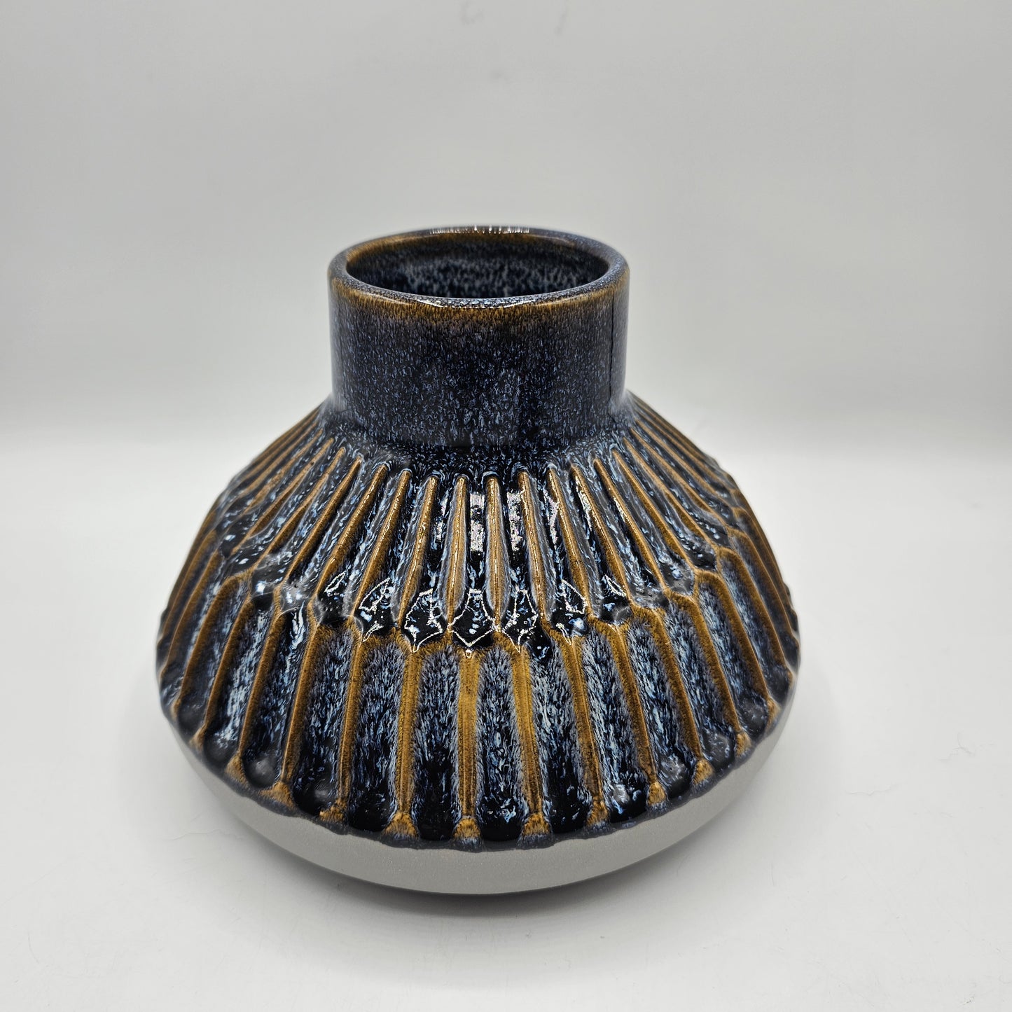 Italian Bitossi Style Blue Squat Vase with Textured Drip Glaze