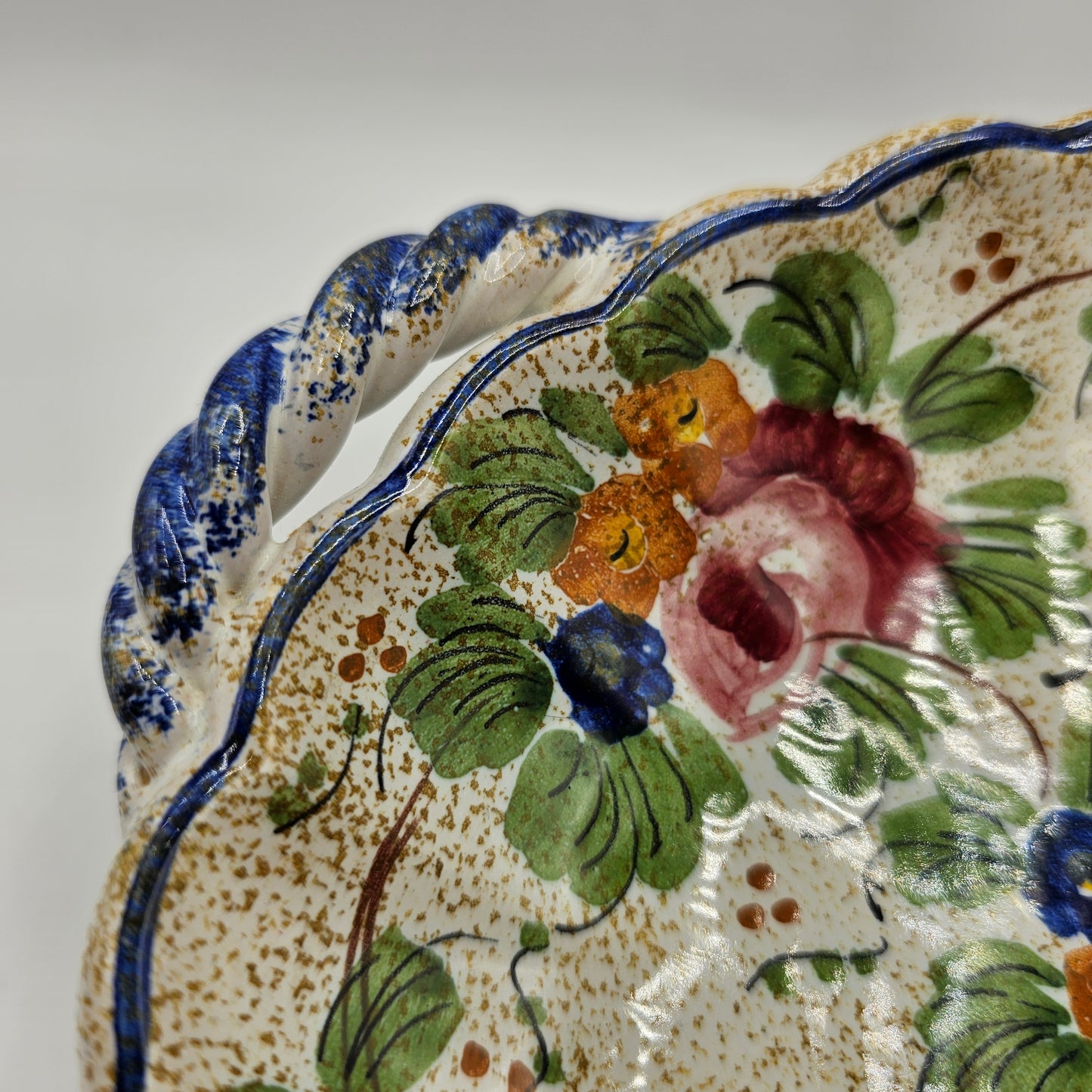 Hand Painted Floral Italian Ceramic Bowl with Handles