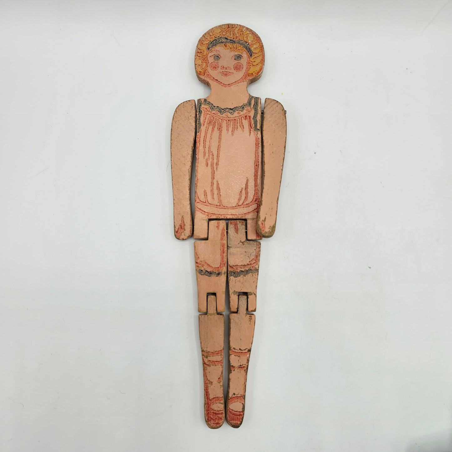 Antique Wooden Peg Doll with Articulated Legs and Painted Under Garment Detail