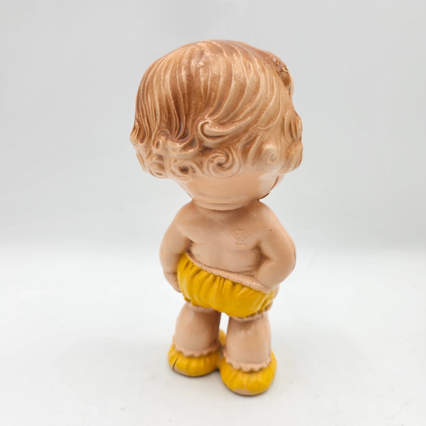Vintage 1940's Kewpie Style Celluloid Rattle Baby Doll - Rare Yellow Outfit - Made in USA by Irwin (damage noted)