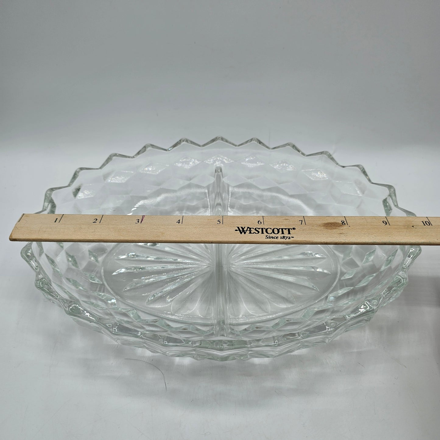Vintage Divided Oval Cubist / American Pattern Clear Glass Candy / Nut Dish Scalloped Edge