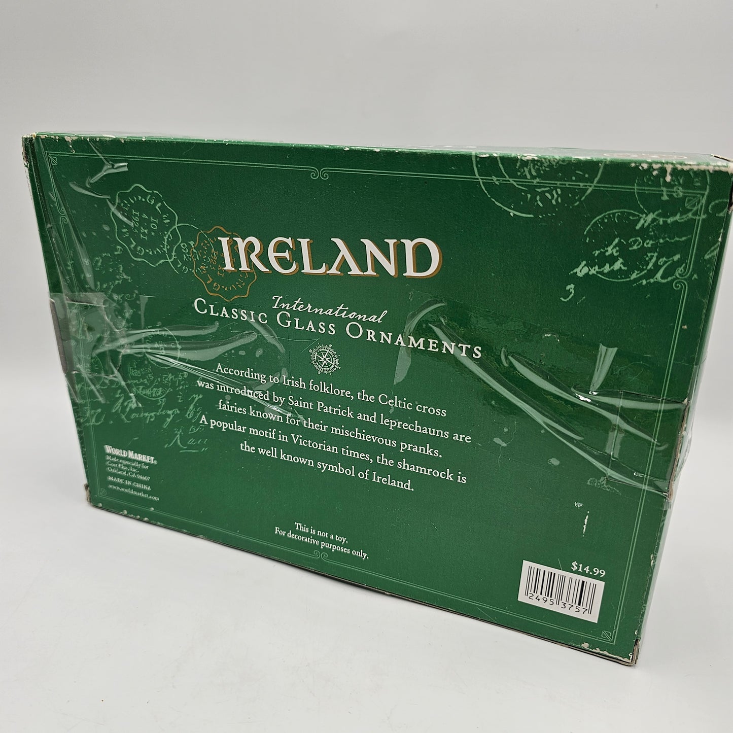 Irish Blown Glass Christmas Tree Ornaments in Original Box -  Shamrock, Leprechaun, Guinness - Set of 3