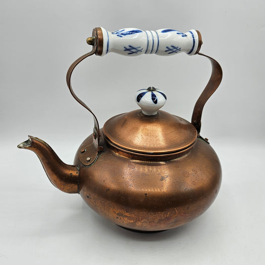 Vintage Copper Tea Kettle with Delft Blue Porcelain Handles