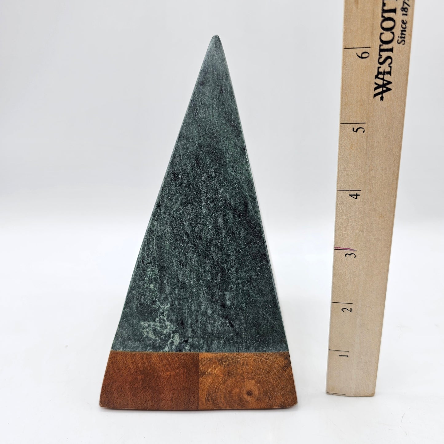 Minimalist Christmas Tree Figurine Green Marble Stone Obelisk Pyramid with Wooden Base