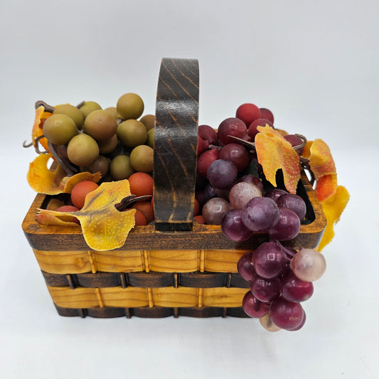 Artist Signed Carved Wood "Woven" Basket with Vintage Rubber Grapes