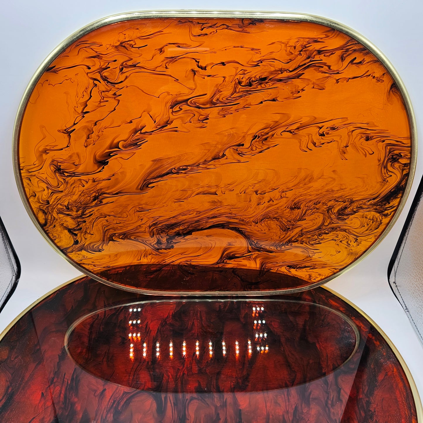 Vintage Tortoiseshell Lucite Placemats with Gold Tone Metal Rim - Set of 6