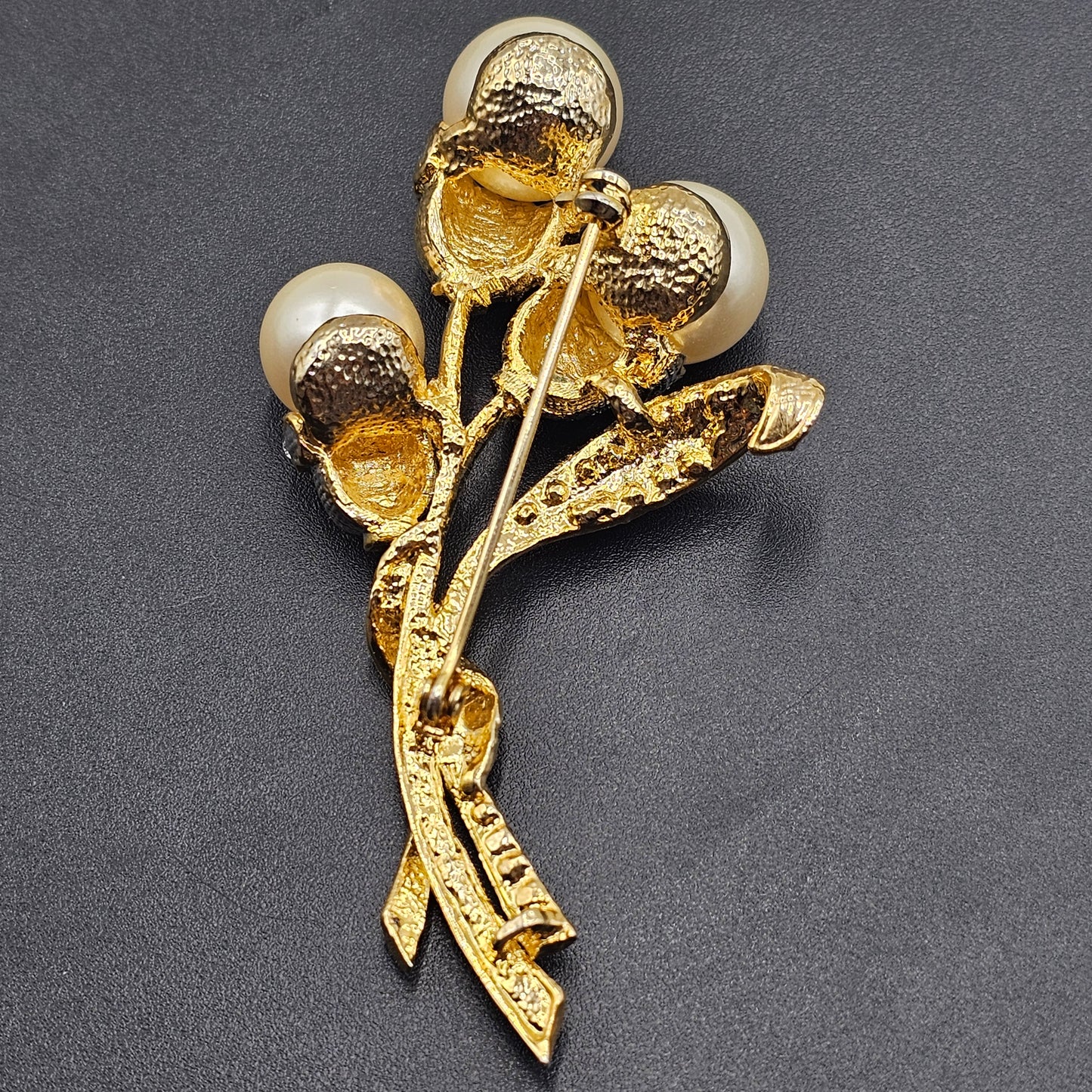 Floral Gold Tone Brooch with Crystals and Faux Pearls