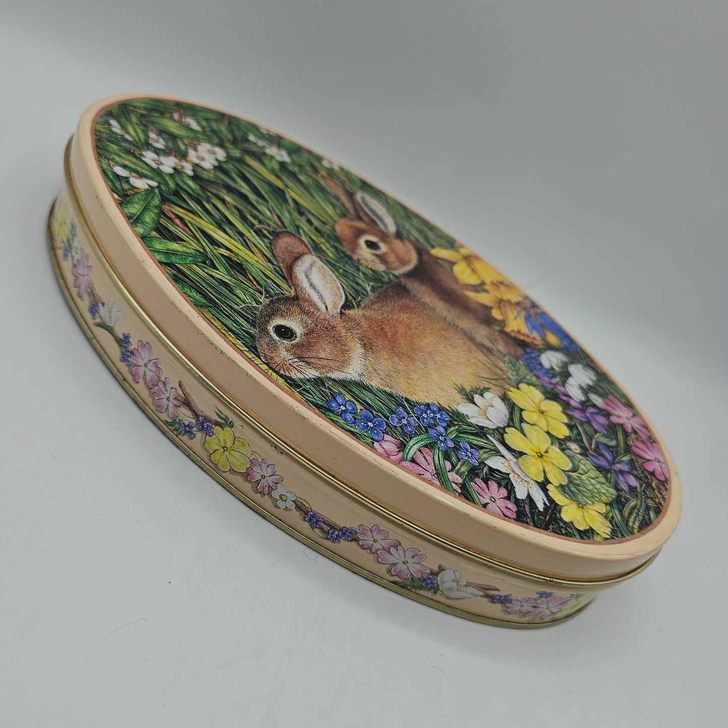 Egg Shaped Metal Tin with Bunnies and Flowers