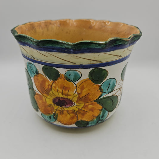 Italian Hand Painted Majolica Style Ceramic Floral Planter with Sgraffito Detail