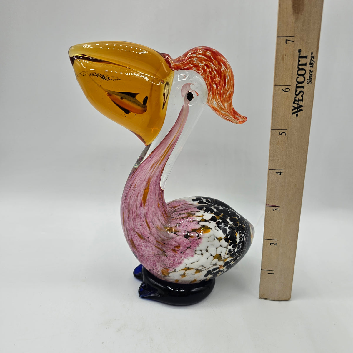 Art Glass Pelican with Fish Figurine