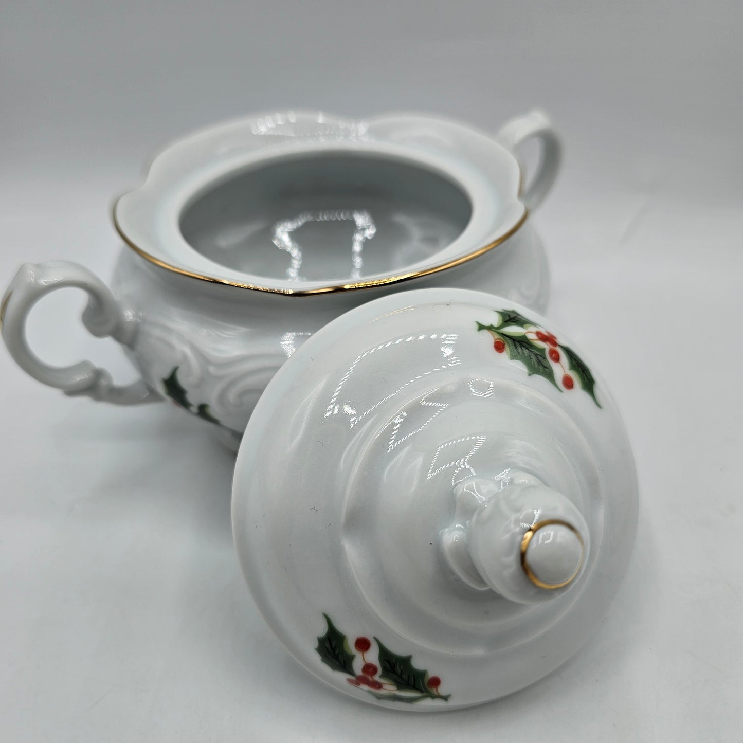 Vintage Wawel of Poland Covered Sugar Bowl with Holly Berry Design and Handles